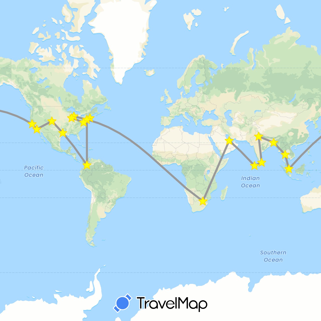 TravelMap itinerary: driving, plane in Bangladesh, Colombia, India, Sri Lanka, Maldives, Qatar, Singapore, Thailand, United States, South Africa (Africa, Asia, North America, South America)